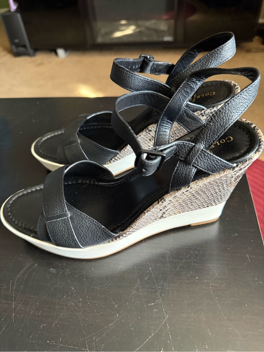 Cole Haan Black Leather Strappy Wedge Sandals with Textured Heel